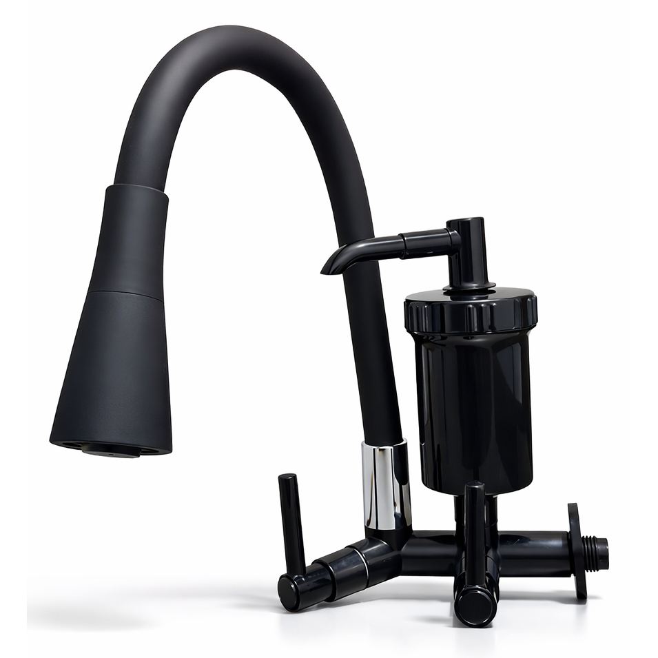 Torneira de Cozinha Com Filtro e Refil, Bica Móvel Flexível Cor Preto, para Bancada ou Parede