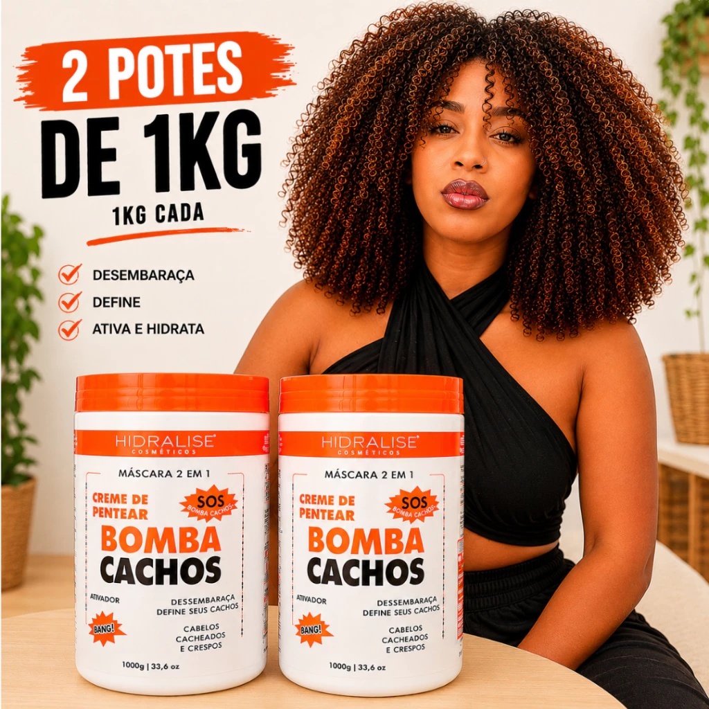 Creme de Pentear Bomba Cachos 1kg Para Definição de Cachos Máscara 2 em 1