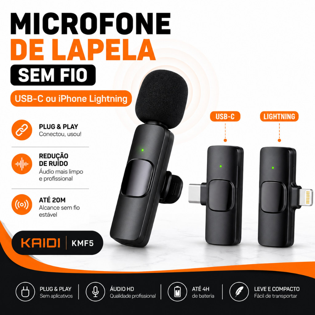 Microfone Lapela Sem Fio Tipo C Lightning Kaidi KMF5/ KMF6 Celular Live Podcast Youtube Tiktok