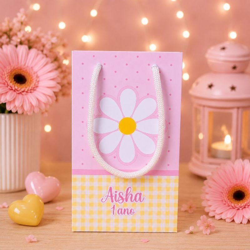 Sacolinha Personalizada Jardim das Margaridas Rosa PEGUE E MONTE | Personalizados Lembrancinhas Mimos Decoração
