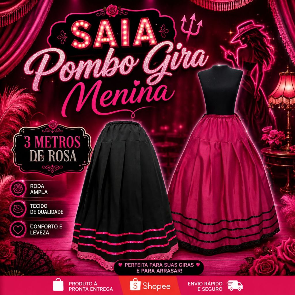 Saia Pombagira Menina Com Fitas Preta Rosa 3 Metros Roda Festa Umbanda Candomblé