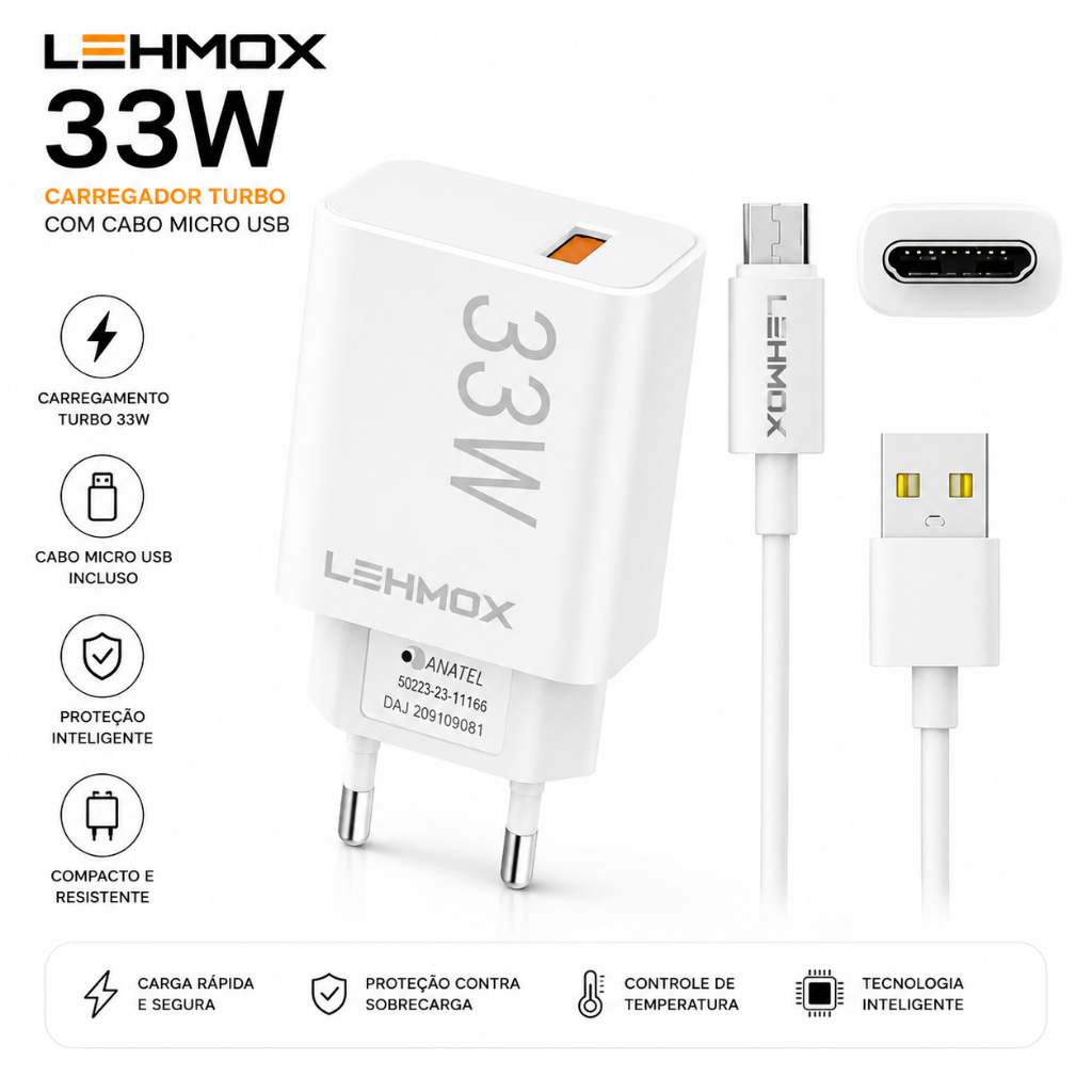 Carregador Lehmox 33W Turbo Power com Cabo Micro USB Fast Charge Android Samsung