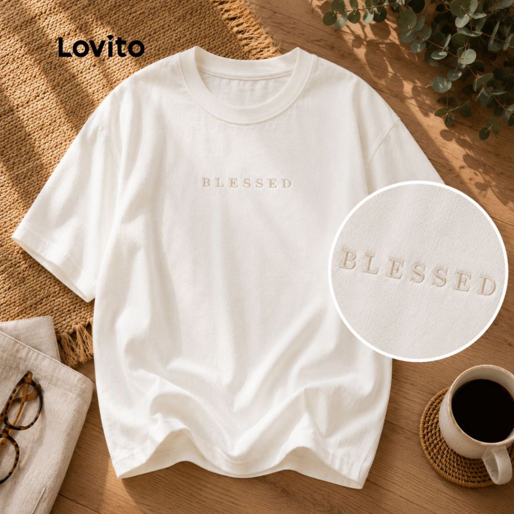 Lovito Camiseta Casual Feminina com Bordado Blessed TSB17531783