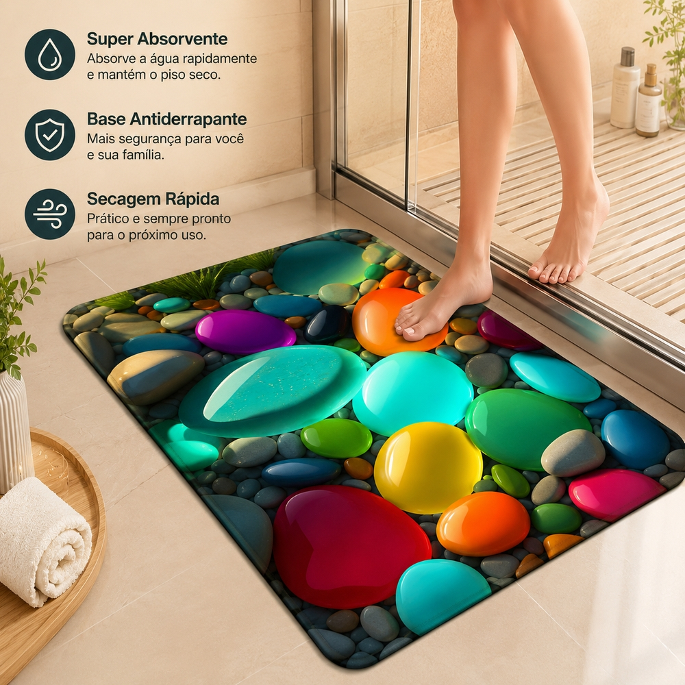 Tapete de Silicone 5D Pedras Coloridas Antiderrapante Decorativo Para Banheiro Cozinha Quarto