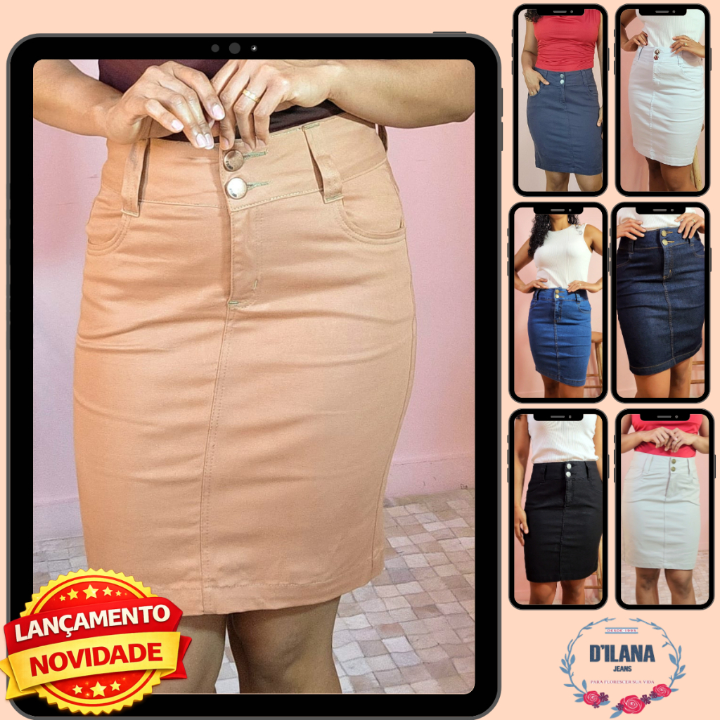 Saia Secretária Feminina Jeans/Colorida Moda Modesta