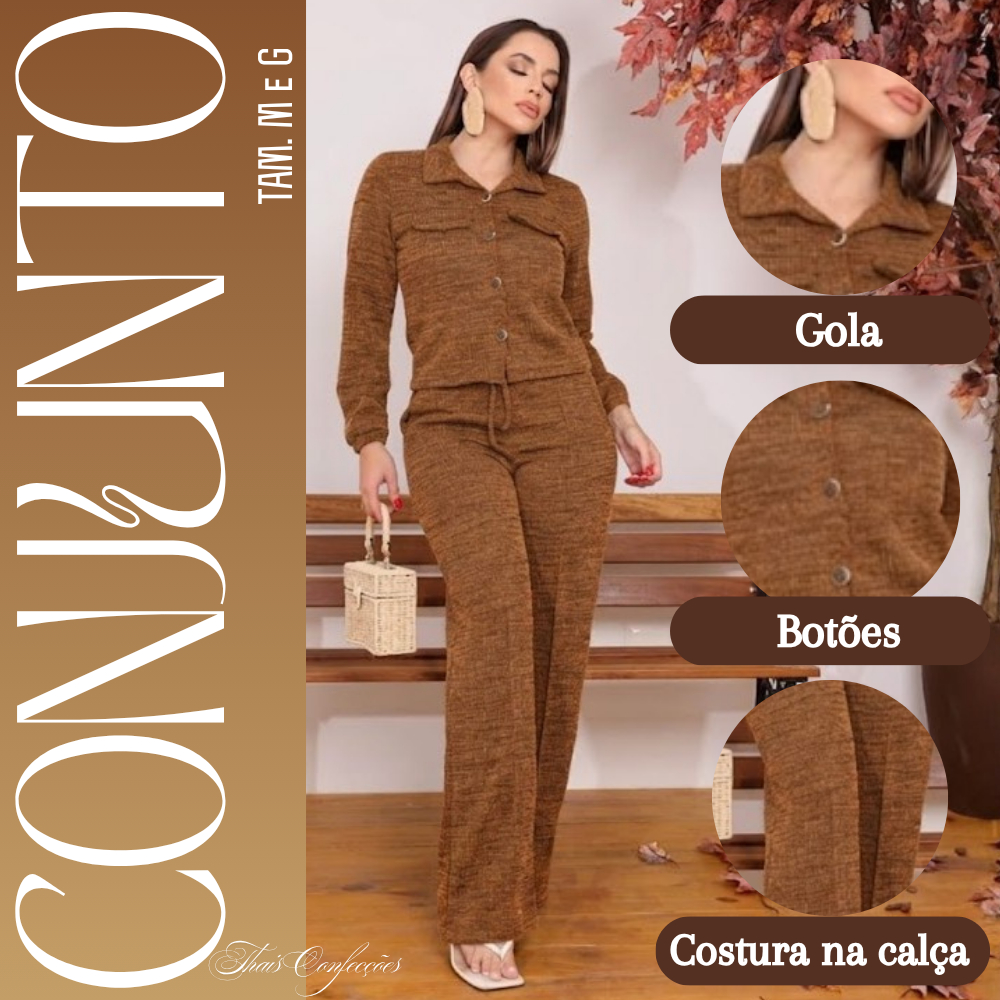 ✨ Conjunto femenino Malha Rib Premium Quentinho Botões encapados e Calça Pantalona Elegante ✨
