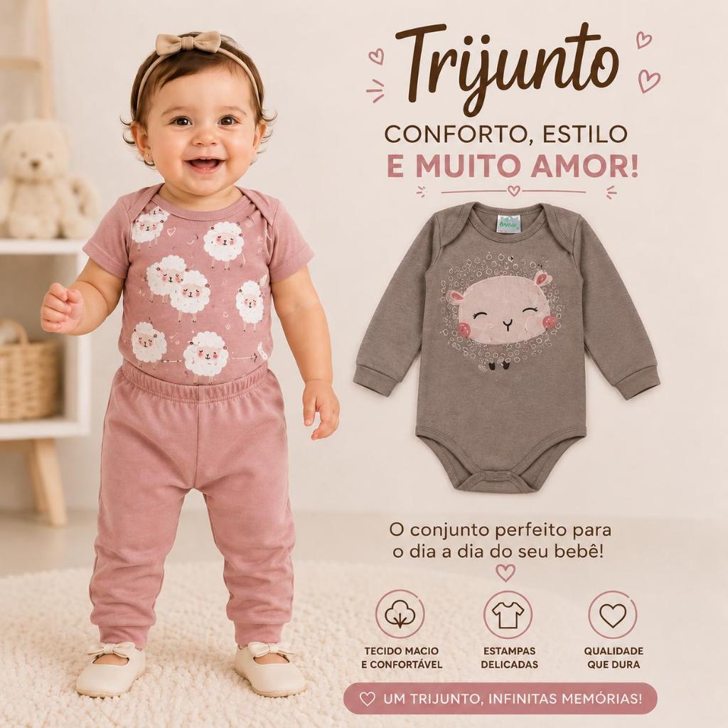 Conjunto Bebê Menina 3 Peças Body Manga Curta + Body Manga Longa + Calça | Estampas Fofas | Cores Sortidas
