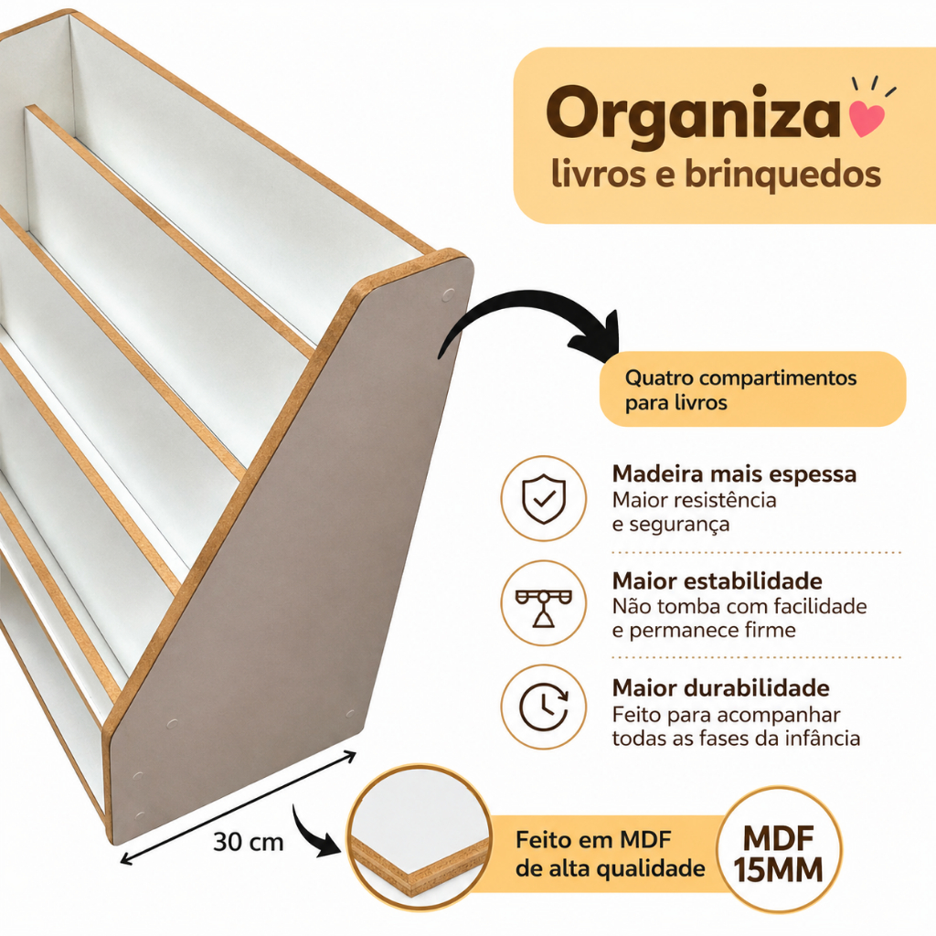 Estante Infantil Montessori Porta Livros Branca em MDF – Revisteiro Organizador Dumbo