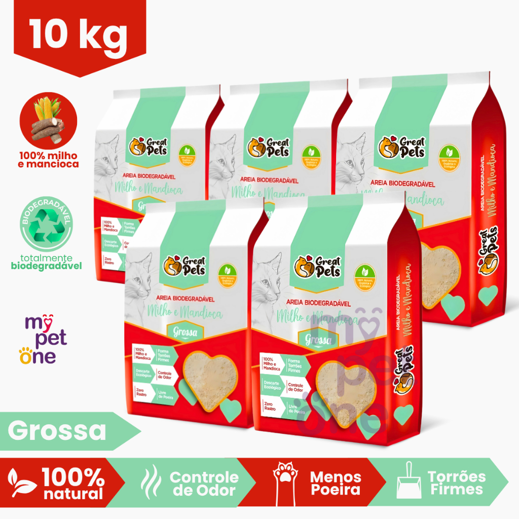 Kit 5 Areia Biodegradável Grossa Great Pets para Gatos - 2 Kg