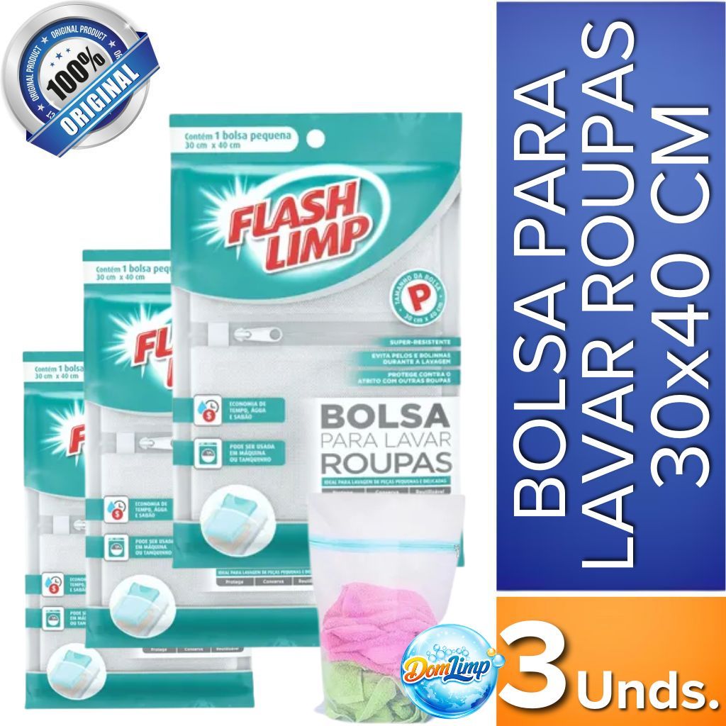 Kit 3 Bolsas para Lavar Roupas 30x40cm Flash Limp Saco Protetor Máquina Delicados