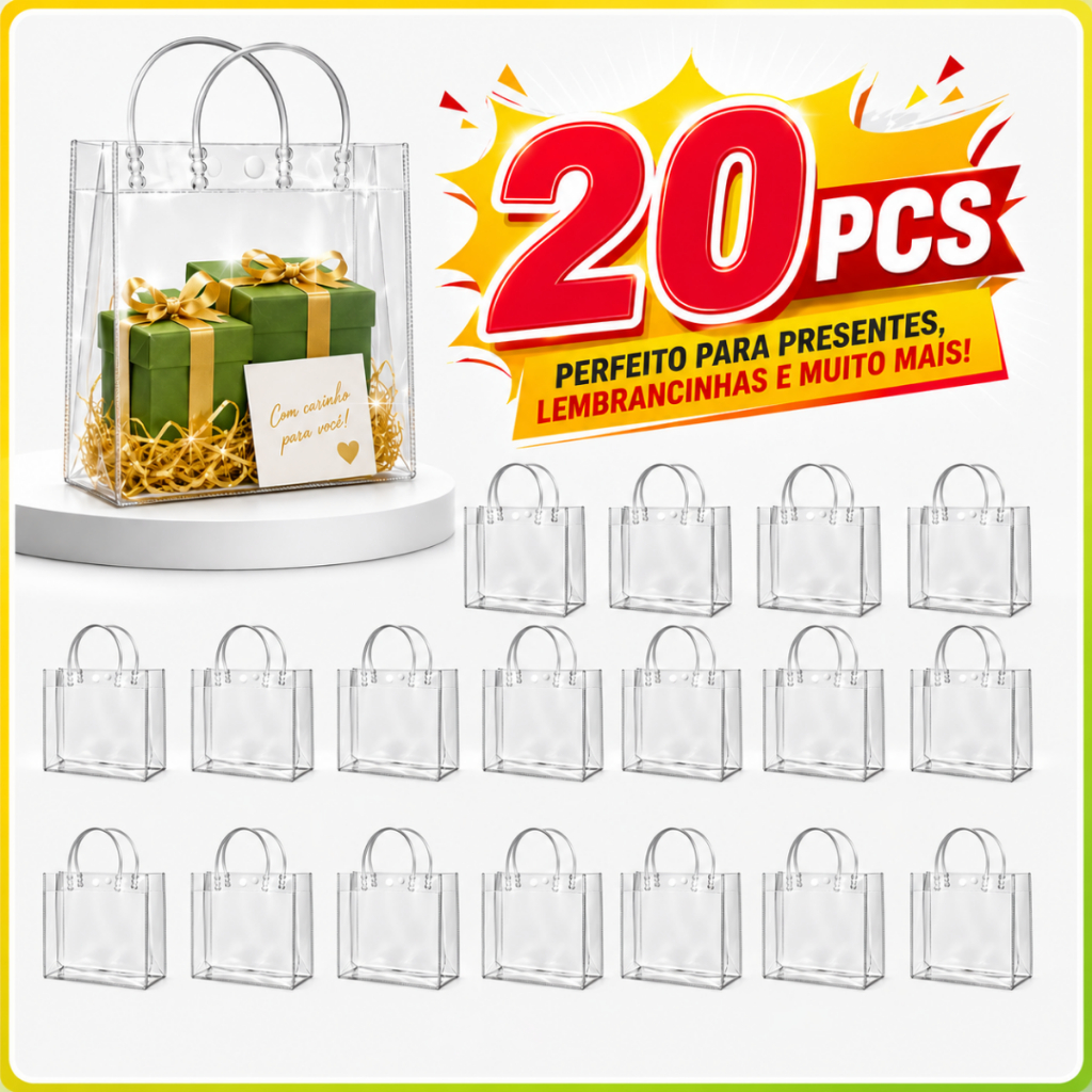 Sacolas de Presente em PVC Transparente com Alças Reforçadas Reutilizáveis para Festas, Casamentos e Lembrancinhas