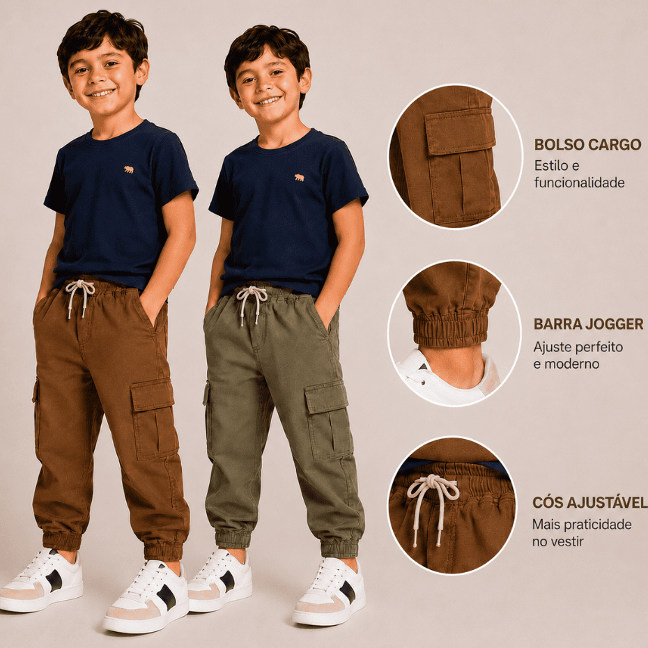 Kit 2 Calça Jogger Cargo Sarja Brim Infantil, Juvenil Menino Cos Elástico e Bolso Lateral Confortavel