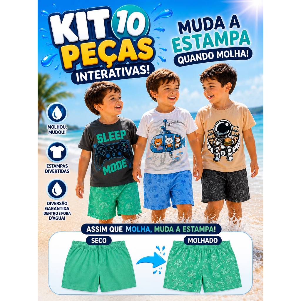 Kit Sortido Interativo 10 Peças de Roupas Infantil Menino Verão (5 Camisetas + 5 Bermudas Muda Estampa) Kit 5 Conjuntos