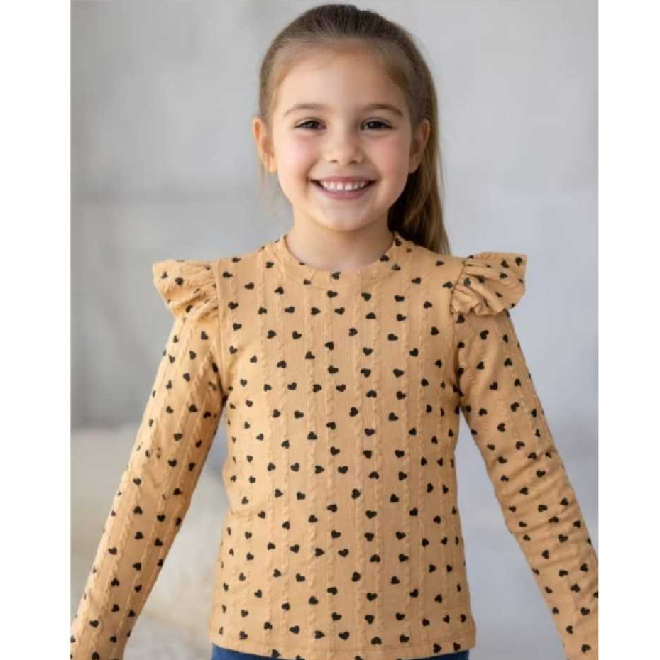 Blusa Feminina Infantil Coração Com Ombro Franzido e Manga Longa Ribana Confortavel Premium