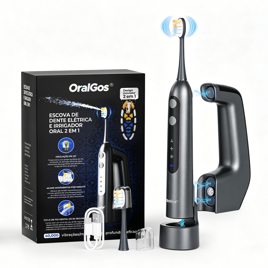 Oralgos Escova de Dente Elétrica + Irrigador Bucal 2 em 1 Limpeza Profunda USB Recarregável