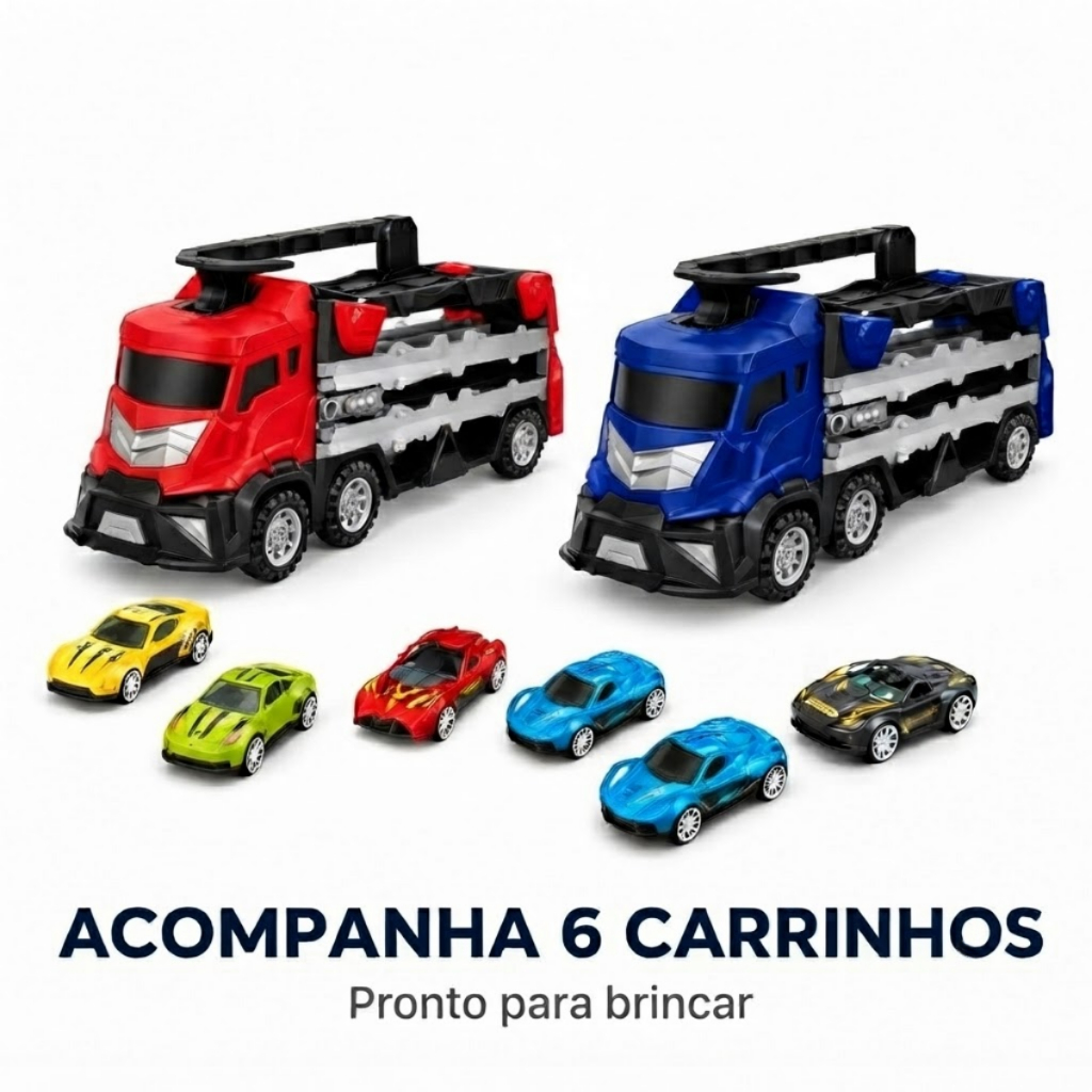 Caminhão Cegonha Vira Pista Com 6 Carrinhos Lançador Maleta Coleção Menino