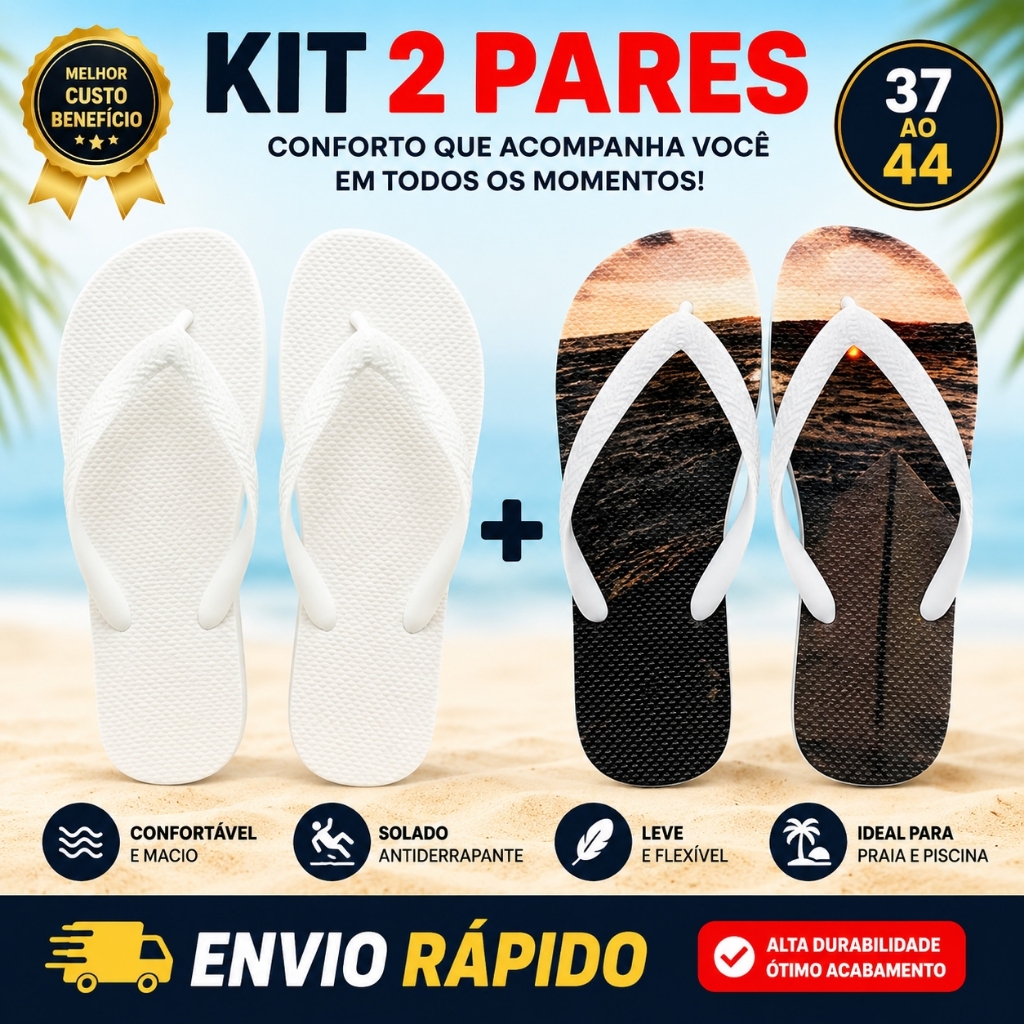 Kit 2 Pares Chinelo Masculino Básico Confortável Macio Antiderrapante Praia Piscina Casual Promoção 37 ao 44