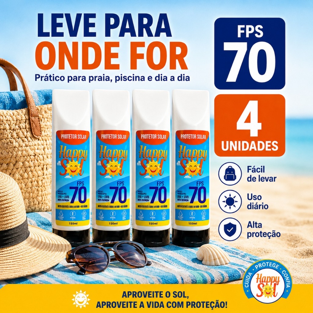 Protetor Solar HAPPY SOL FPS70 – Kit 4 Unidades -150ml | Proteção Diária, TOQUE SECO, ROSTO E CORPO