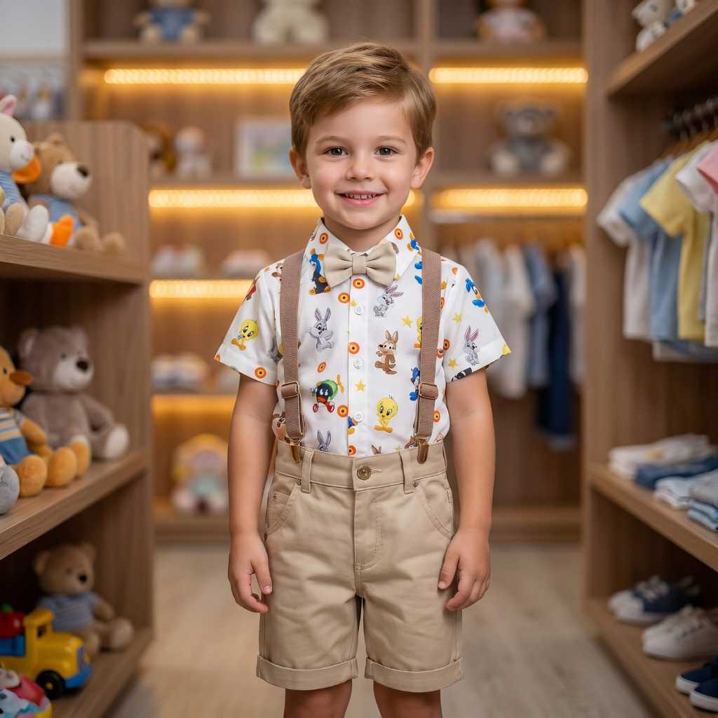 Conjunto Menino Luxo Temático Looney Tunes Baby + Bermuda Cinza