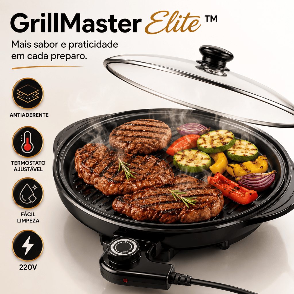 Grill Elétrico Antiaderente 127 ou 220V GrillMaster Elite™ Termostato Ajustável Chapa Redonda com Tampa de Vidro
