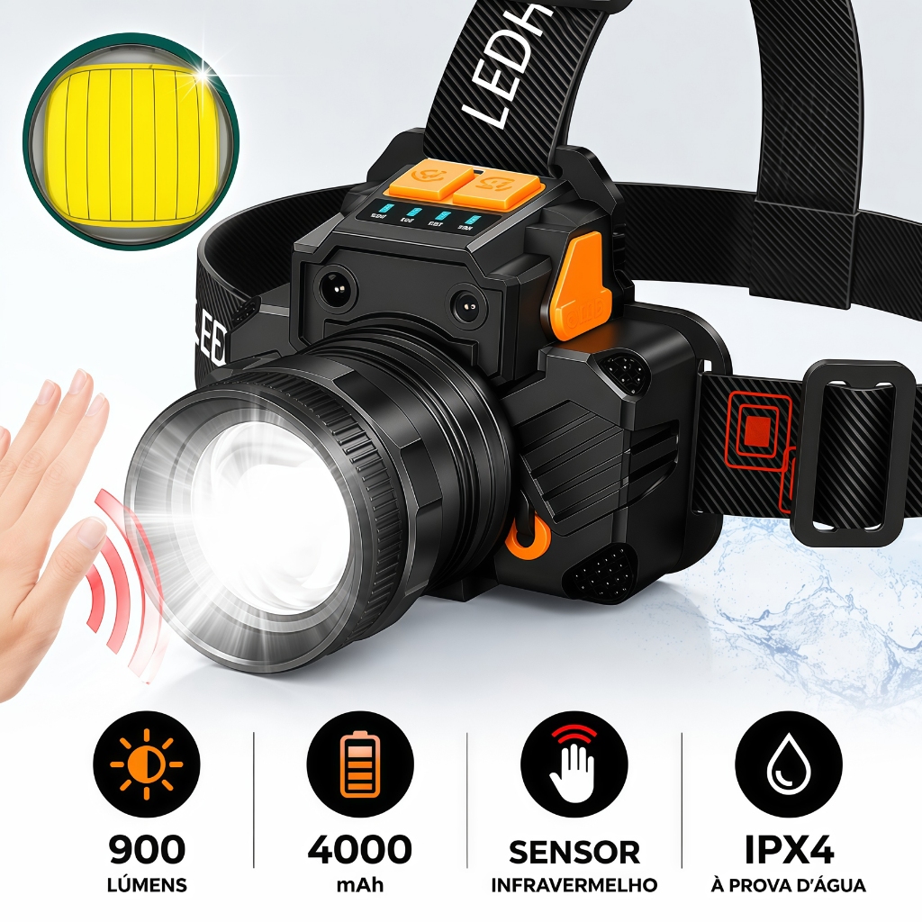 Lanterna de Cabeça Led 900 Lúmens Bateria Longa Duração 4000mAh Recarregável
