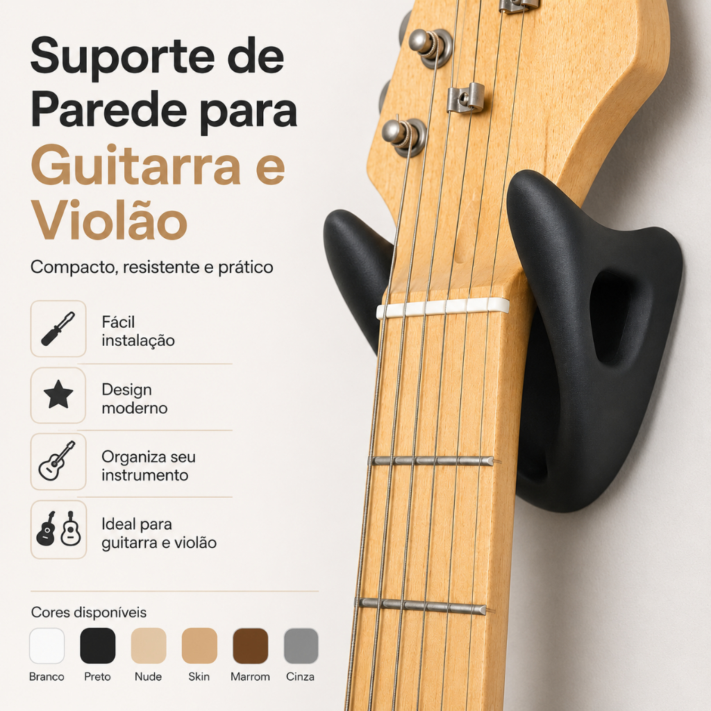 Suporte de Parede Guitarra, Violão, Baixo, Cavaquinho, Ukulele, Contra-baixo