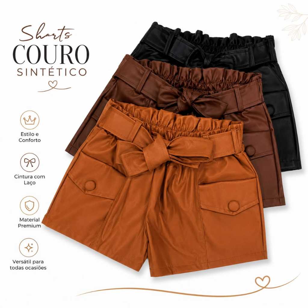 Short Infantil Blogueirinha Luxo em Couro Sintético Premium com Laço, Bolsos e Cintura Elástica