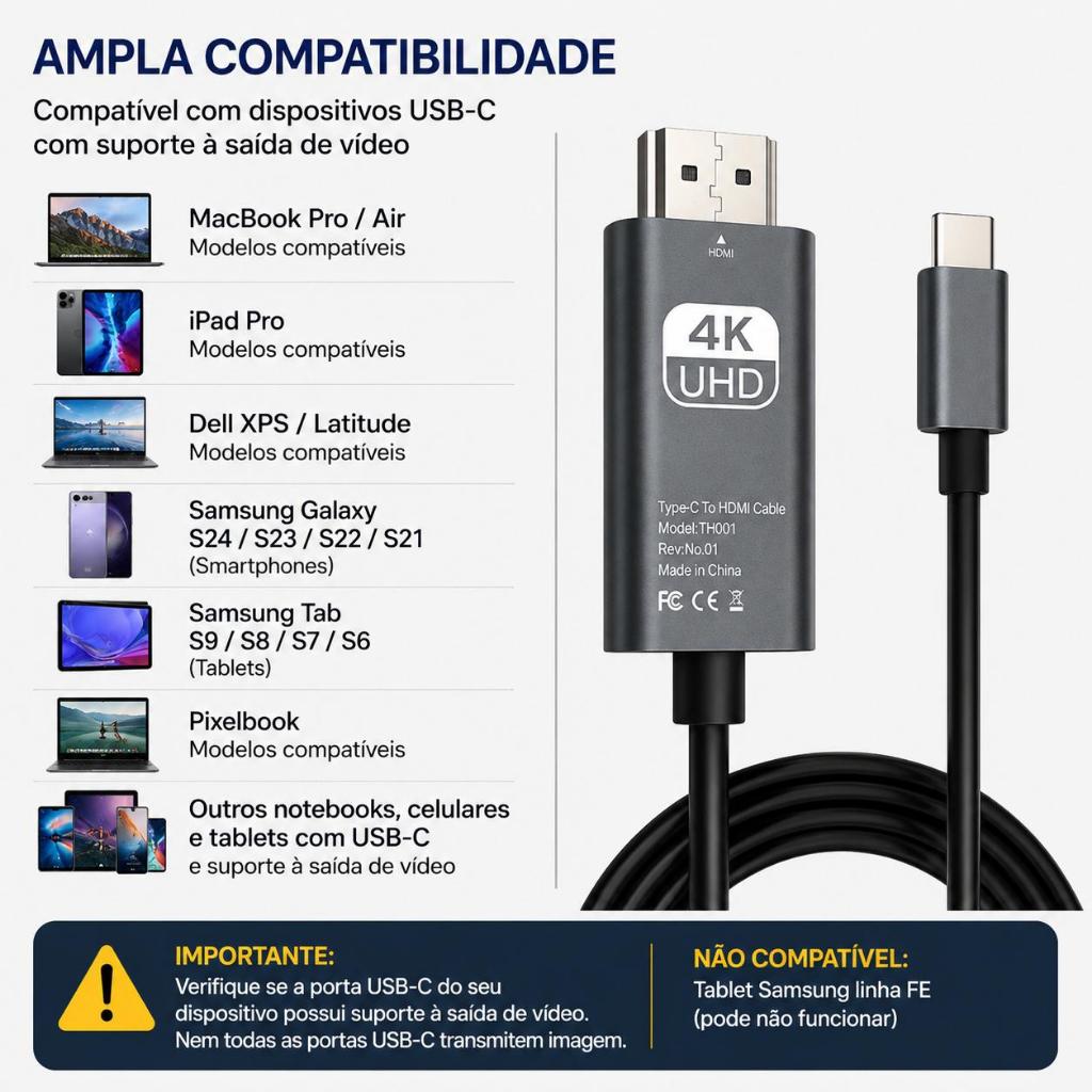 Cabo USB C Tipo C para HDMI 4K 60Hz 2 Metros Espelhamento de Tela para Notebook 