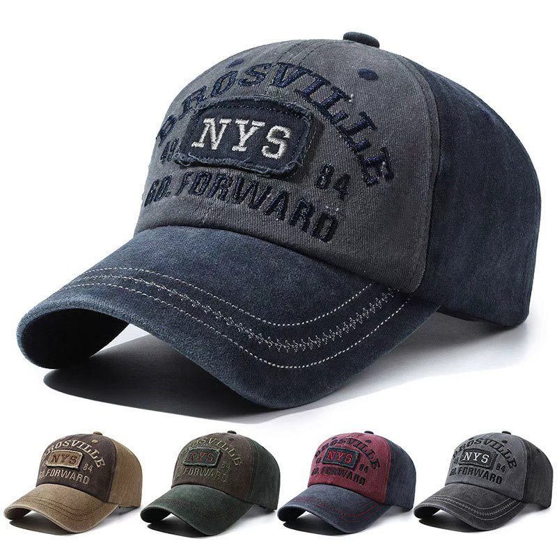 Boné Beisebol Jeans Desgastado Patch Bordado NYS Estilo Vintage Americano Unissex Ajustável