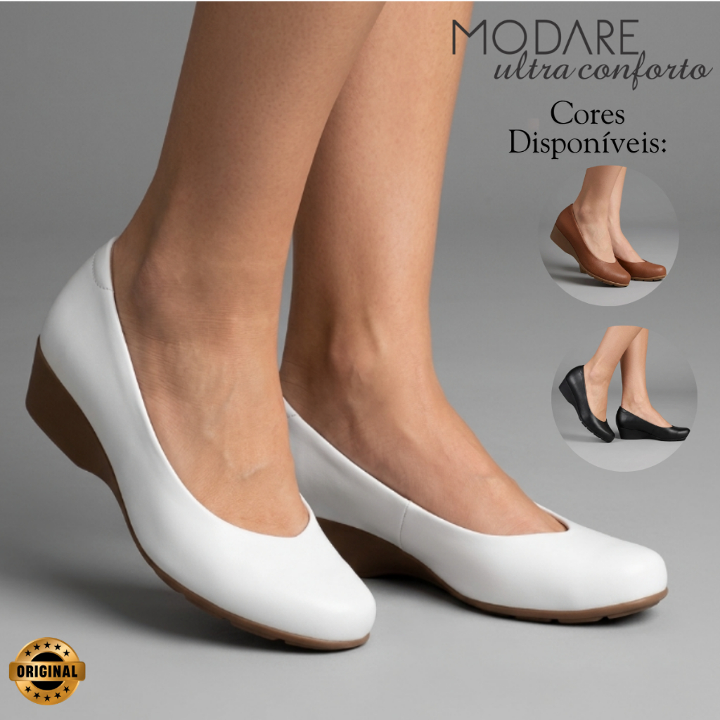 Sapato Modare Feminino Ortopédico Salto Anabela Calce Fácil Ultraconforto Joanete Social Original