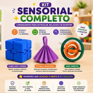 Kit Sensorial Completo – Cubo Anti-Stress + Estrela Sensorial + Giro Orbital | 3 Brinquedos Sensoriais