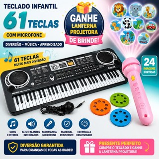 Teclado Piano Infantil 61 Teclas com Microfone + BRINDE Lanterna Projetora