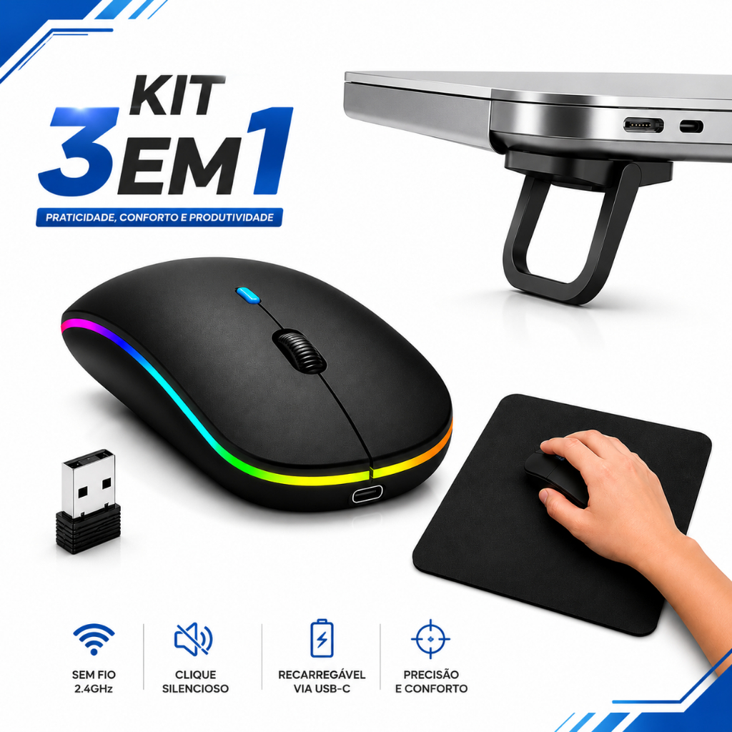 Kit Mouse Sem Fio Silencioso Recarregavel+Suporte Notebook+Mouse Pad
