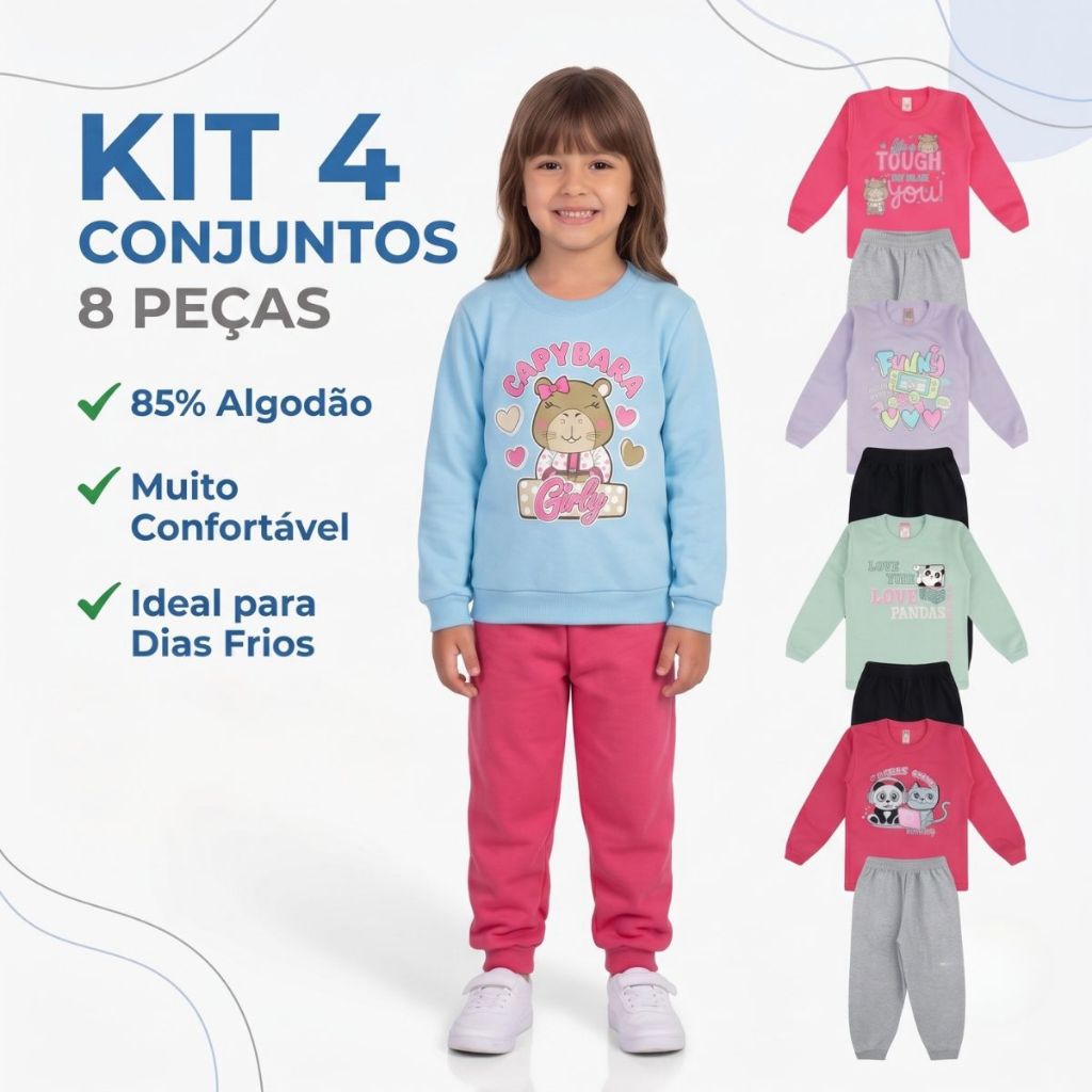 Kit 4 Conjuntos Moletom Infantil Inverno Frio Menina Feminino Roupa Bebê Barato 08 Peças Quentinho