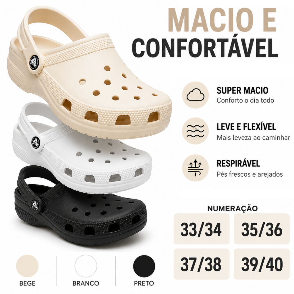 Sandalia Babuche 33 Ao 40 Unissex Leve E Confortavel Macio EVA Preto Branco Bege