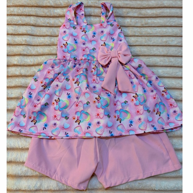 Conjunto Infantil Feminino Blusa Estampada + Shorts Verão Confortável Menina 6 e 8 Anos
