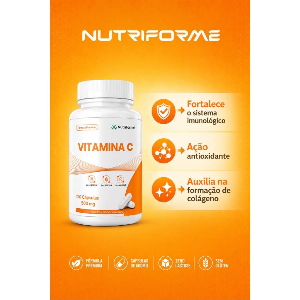 Vitamina C 500 mg – 120 Cápsulas | Nutriforme manutenção da saúde fortalecer as defesas naturais do organismo