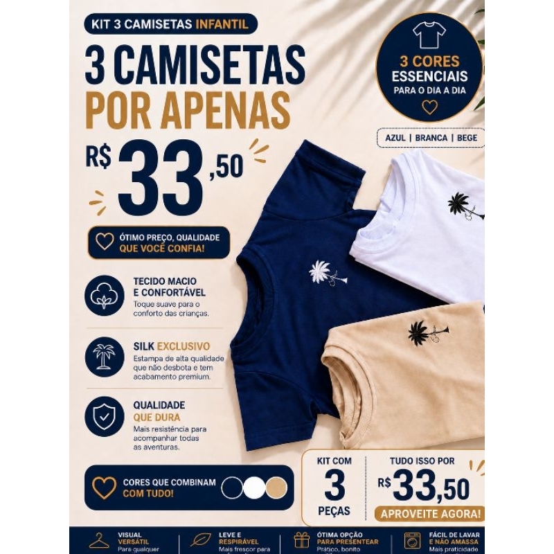 kit 3 camiseta infantil menino basica 100% algodão 30.1 penteada