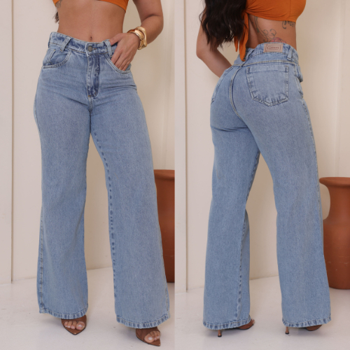 Calça Jeans Feminina Wide Leg 100% Jeans Feminina Tecido Grosso Premium Boca Larga Reta Verão Cos Alto Carnaval
