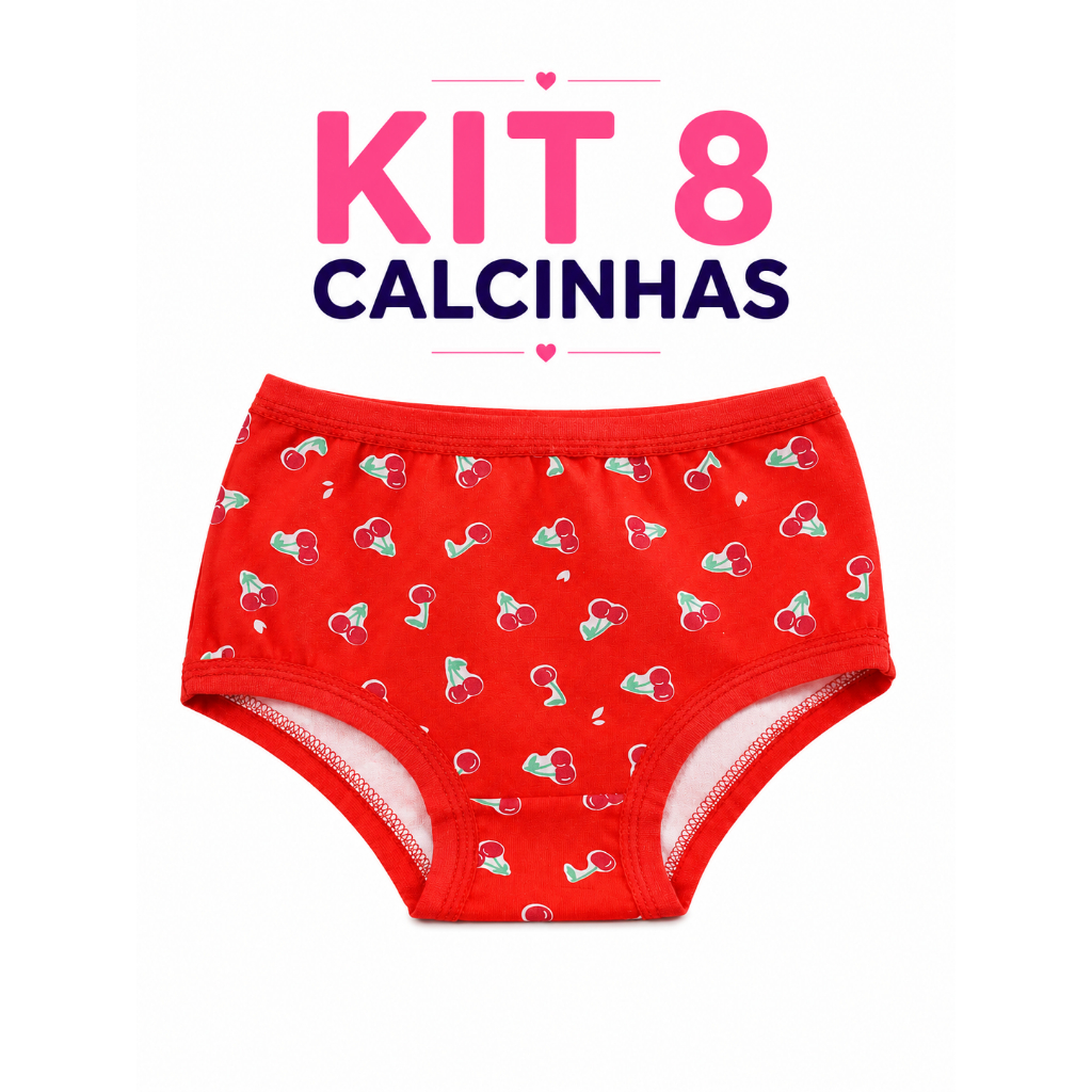 Kit 8 Calcinhas Infantil Menina Algodão estampada Confortável | Modelagem Larguinha | Forro 100% Algodão
