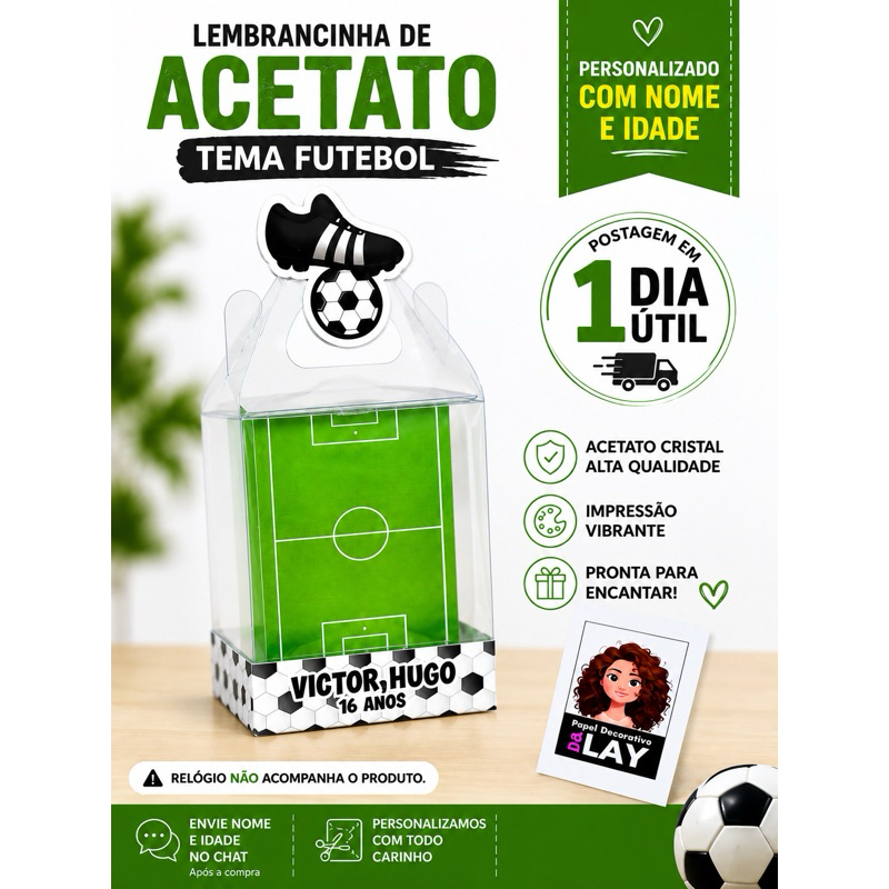Lembrancinha Futebol Personalizada Caixa de Acetato com Nome e Idade | aniversário Infantil