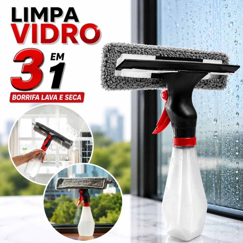 Rodo Rodinho Mop Limpa vidro spray 3 em 1 Borrifa Lava e Seca Janela Box Pulverizador Espelho Microfibra Lavável Limpeza