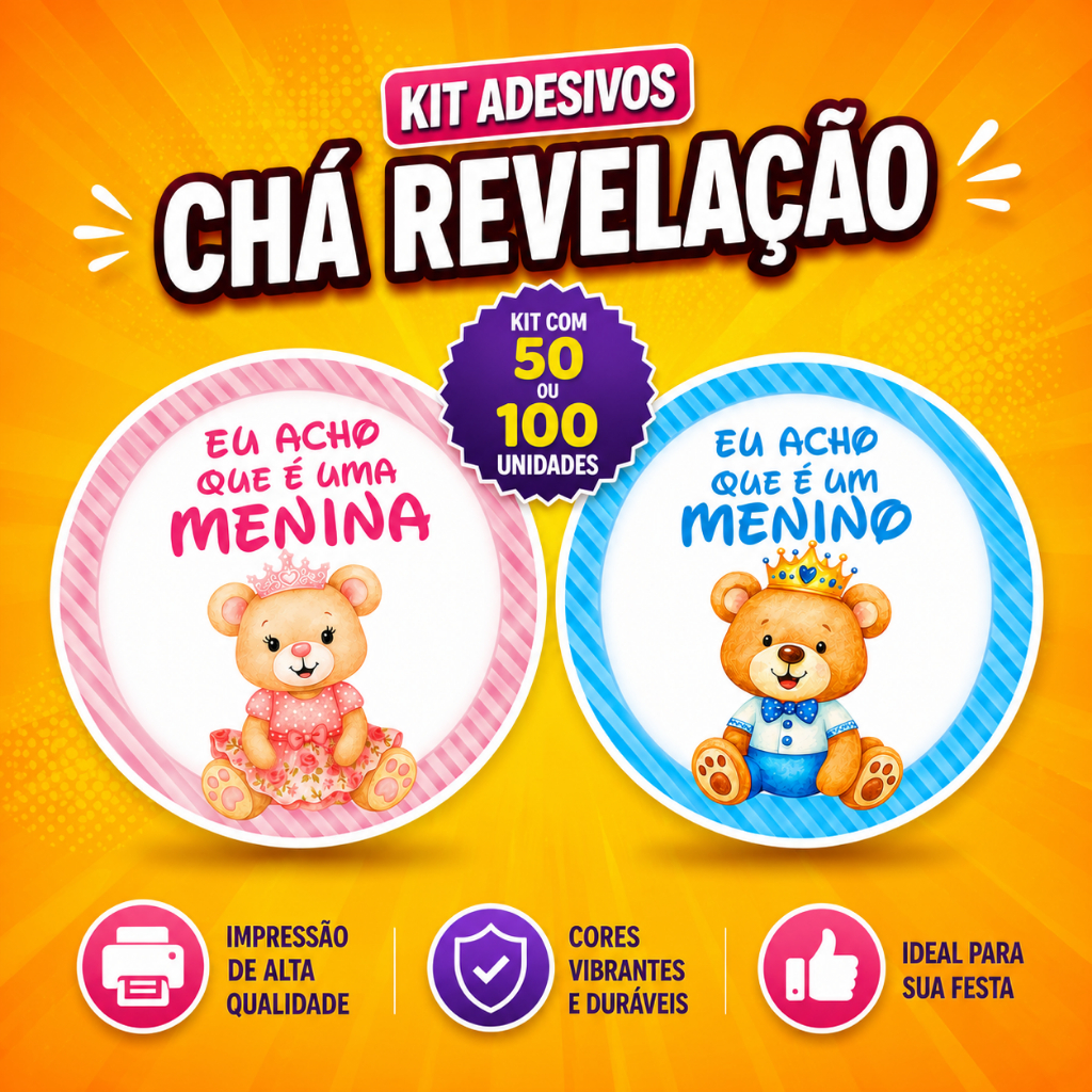 Chá Revelação Adesivos Eu Acho que é Menino Menina Kit 50~100 Chá Bebê Lembrancinha Festa Decoração Ursinhos Coroa