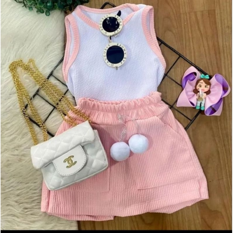Conjunto Infantil Menina Regata Ribana e Short Saia Ana ruga Confortável e Estiloso