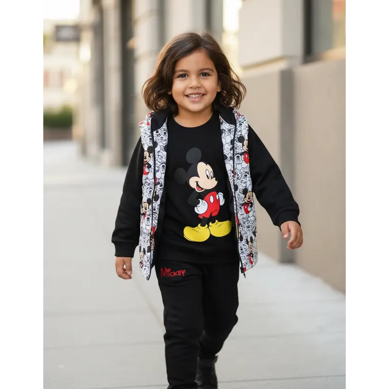 Conjunto Meninos Mickey 3 Peças Colete Puffer Blusa Manga Longa Calça Moletom Flanelada Inverno