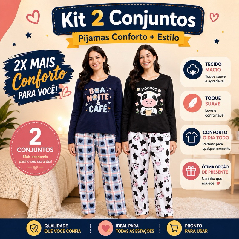 Kit 2 Pijamas Longo Infantil Juvenil Feminino Manga Longa Calça Estampado Sortido Confortável