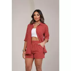 Conjunto Femenino Chemise LISTRADO,LISO com Manga 3/4 e short com bolso.