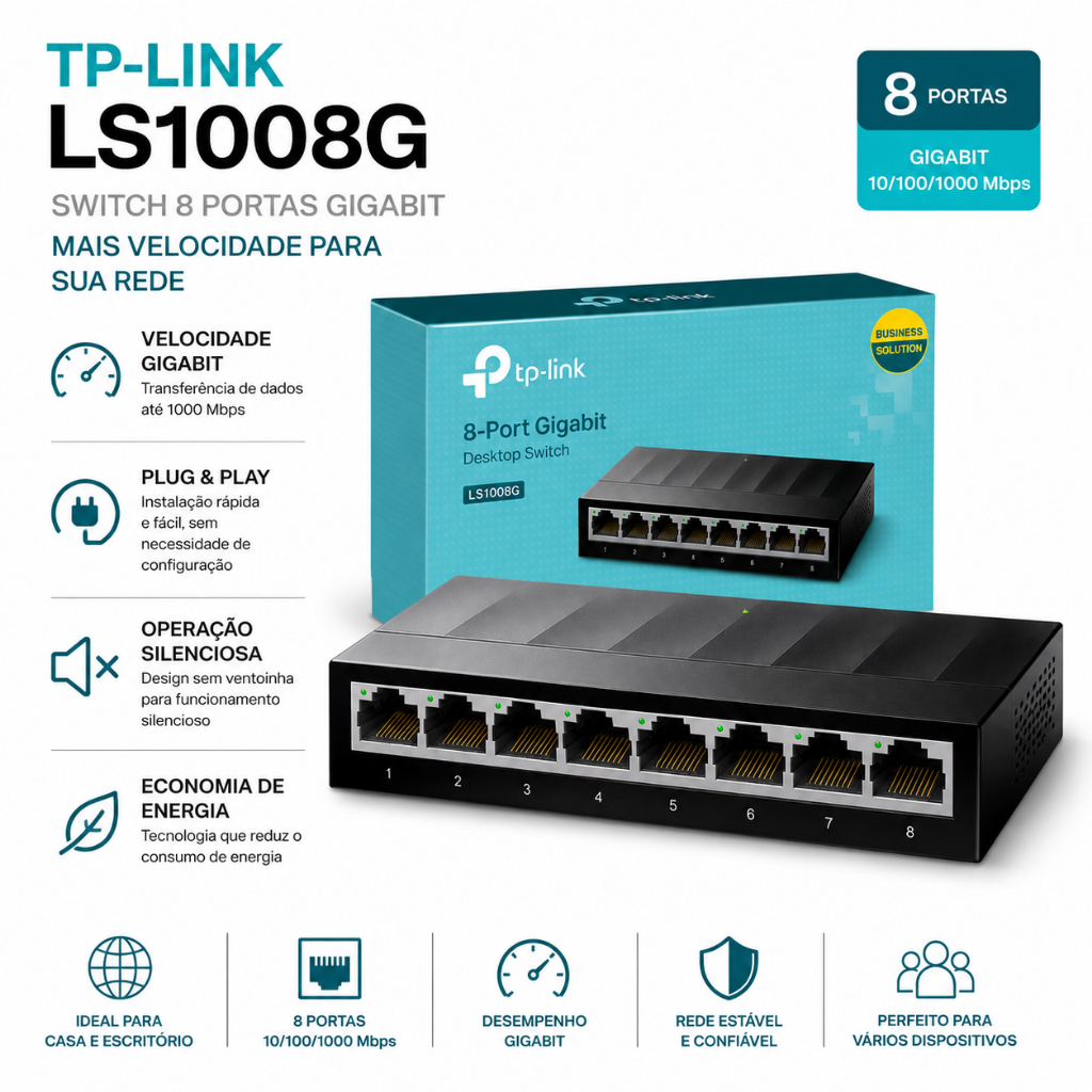 Switch de Mesa 8 Portas LS1008g TP-Link Gigabit High Speed