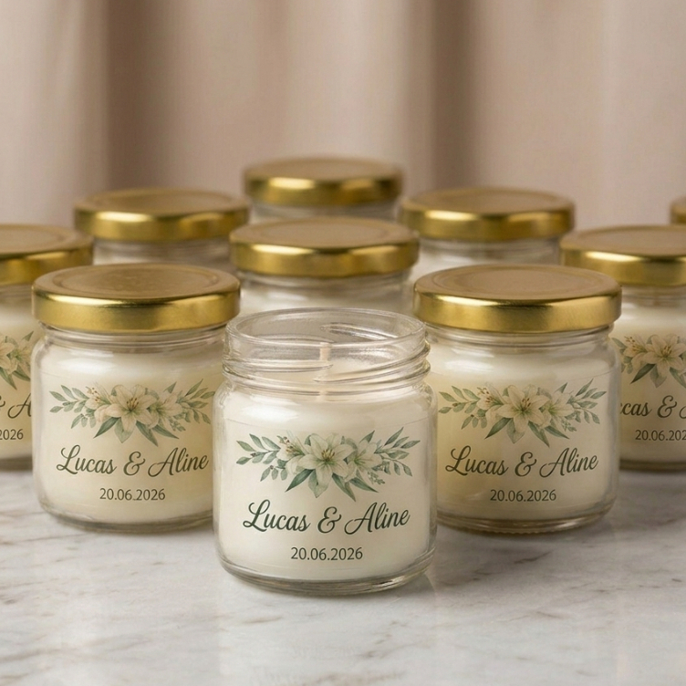 Kit 10/20 - Mini Vela Aromática 30g com Adesivo Personalizado | Lembrancinha Casamento, Maternidade, Batizado e Eventos