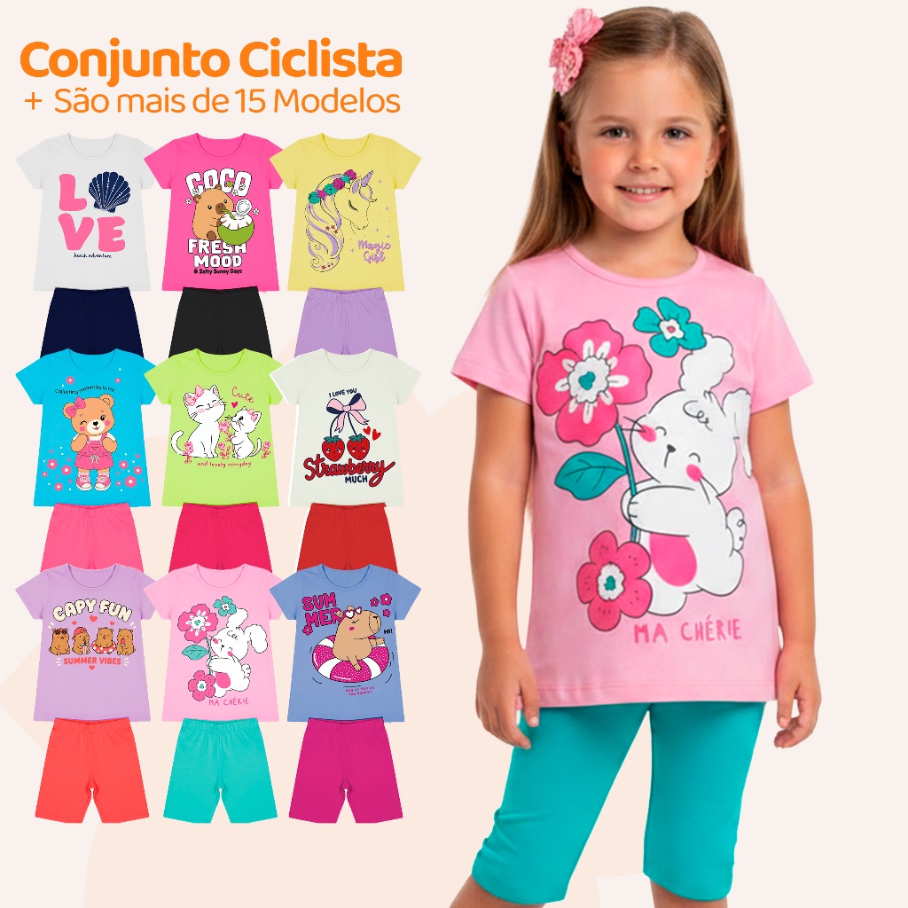 Kit Sortido 6 Peças de Roupas Infantil Menina Conjunto Ciclista Tamanho 1 ao 10